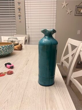 Teal Ceramic Decorative Vase With Ruffle Lip